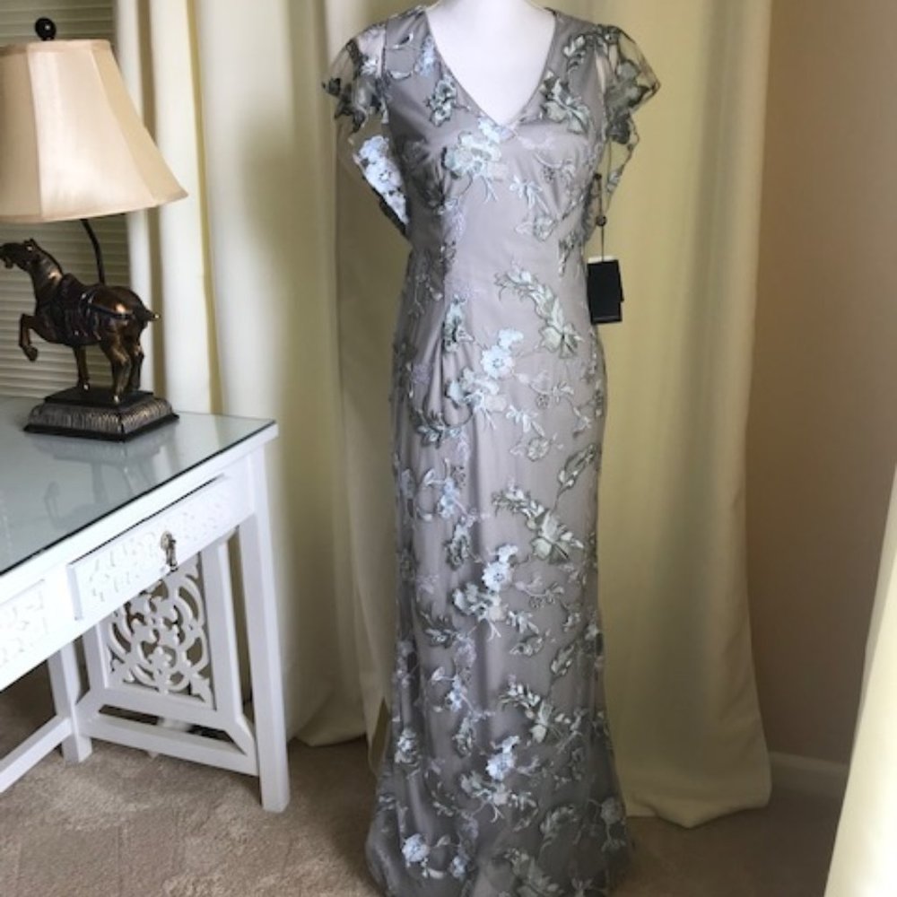 Adrianna Papell Silver-Gray Floral Embroidered Maxi Dress
